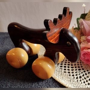 Vintage Pre-Loved Wooden Moose Roll Toddler Baby Toy